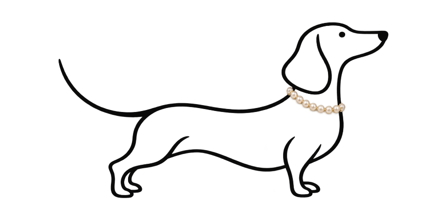Dachshund illustration wearing a pearl necklace, showing where to measure around the neck
