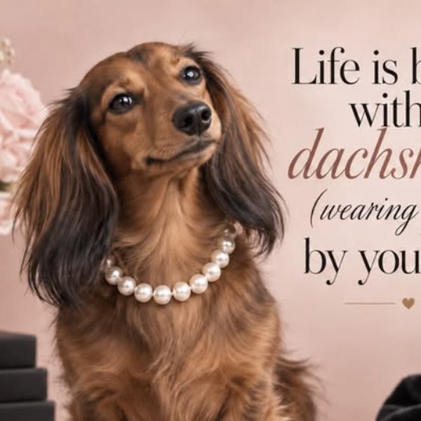 Dachshund wearing a Très Perlé pearl necklace, Instagram post