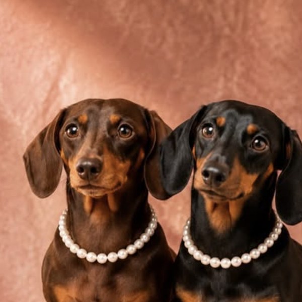 Two dachshunds wearing Très Perlé pearl necklaces, Instagram post