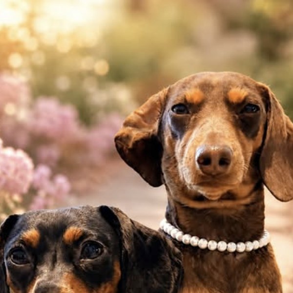 Dachshunds wearing Très Perlé pearls outdoors, Instagram post