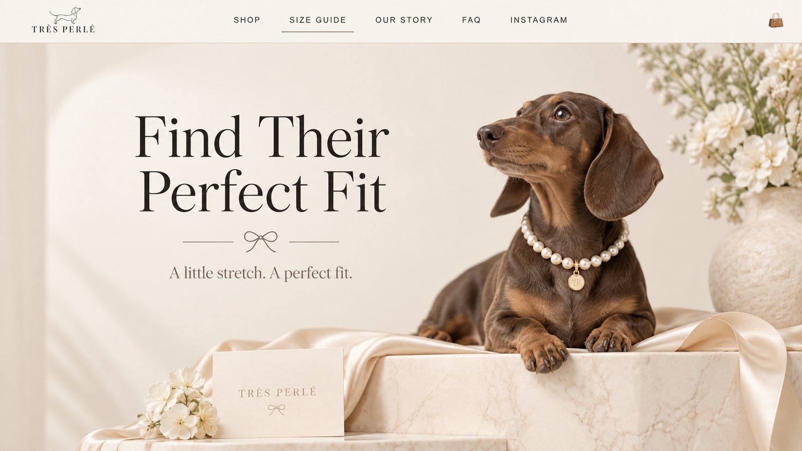 A dachshund wearing a Très Perlé pearl necklace with a gold TP charm, styled with flowers and a gift box on a marble surface