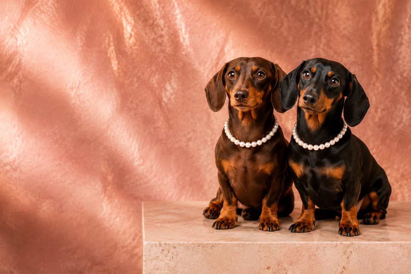 Two dachshunds wearing Très Perlé pearl necklaces